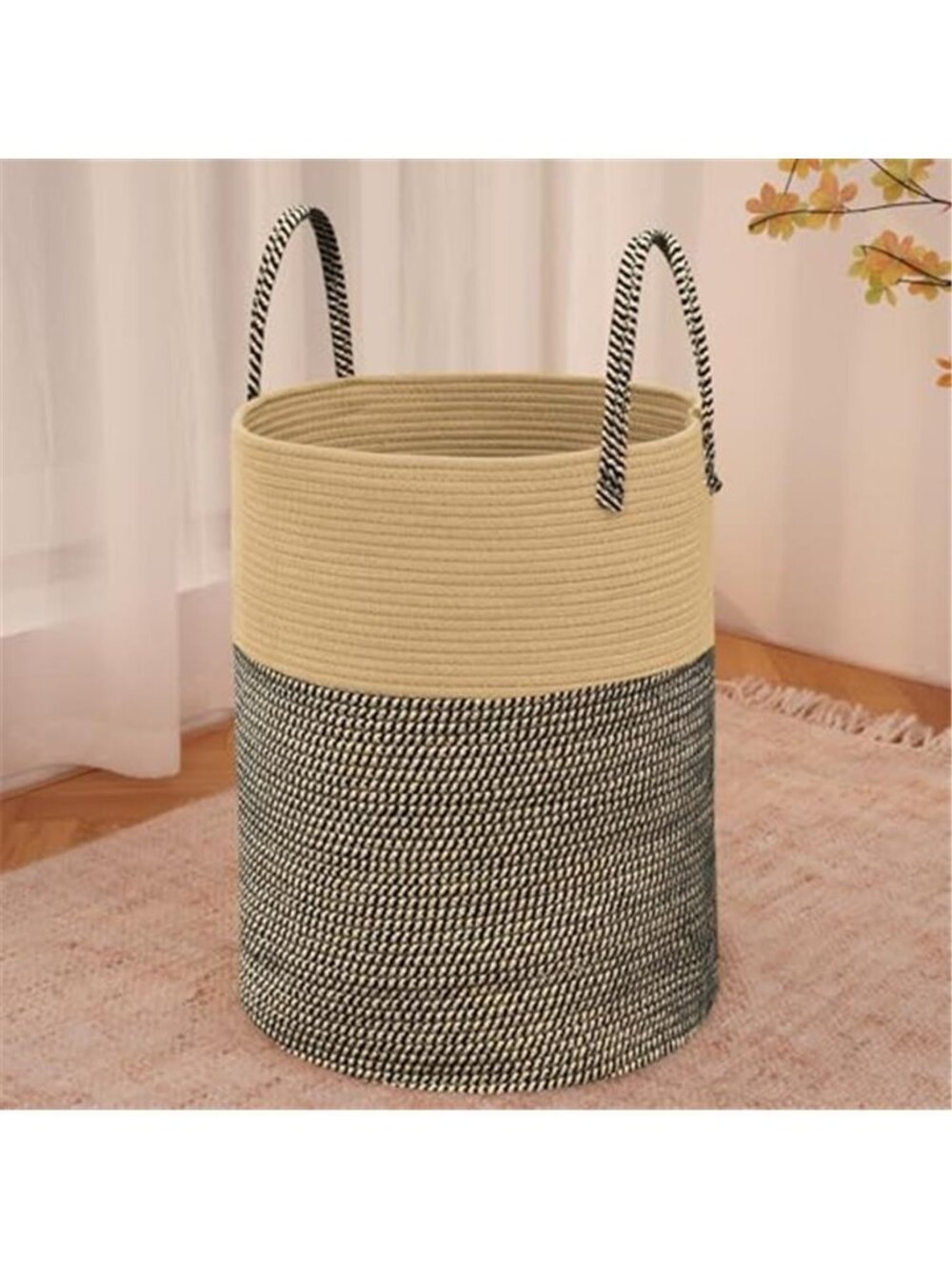 New 60L Cotton Rope Laundry Basket Hamper, Brown and Black